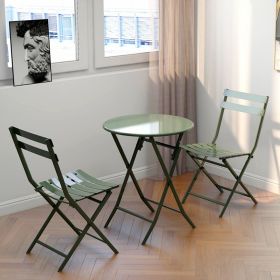 3 Piece Patio Bistro Set of Foldable Round Table and Chairs (Color: Dark Green)